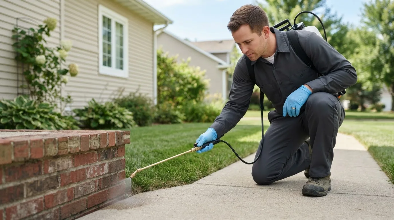 Pest control technician treating a home near Alcalde, NM