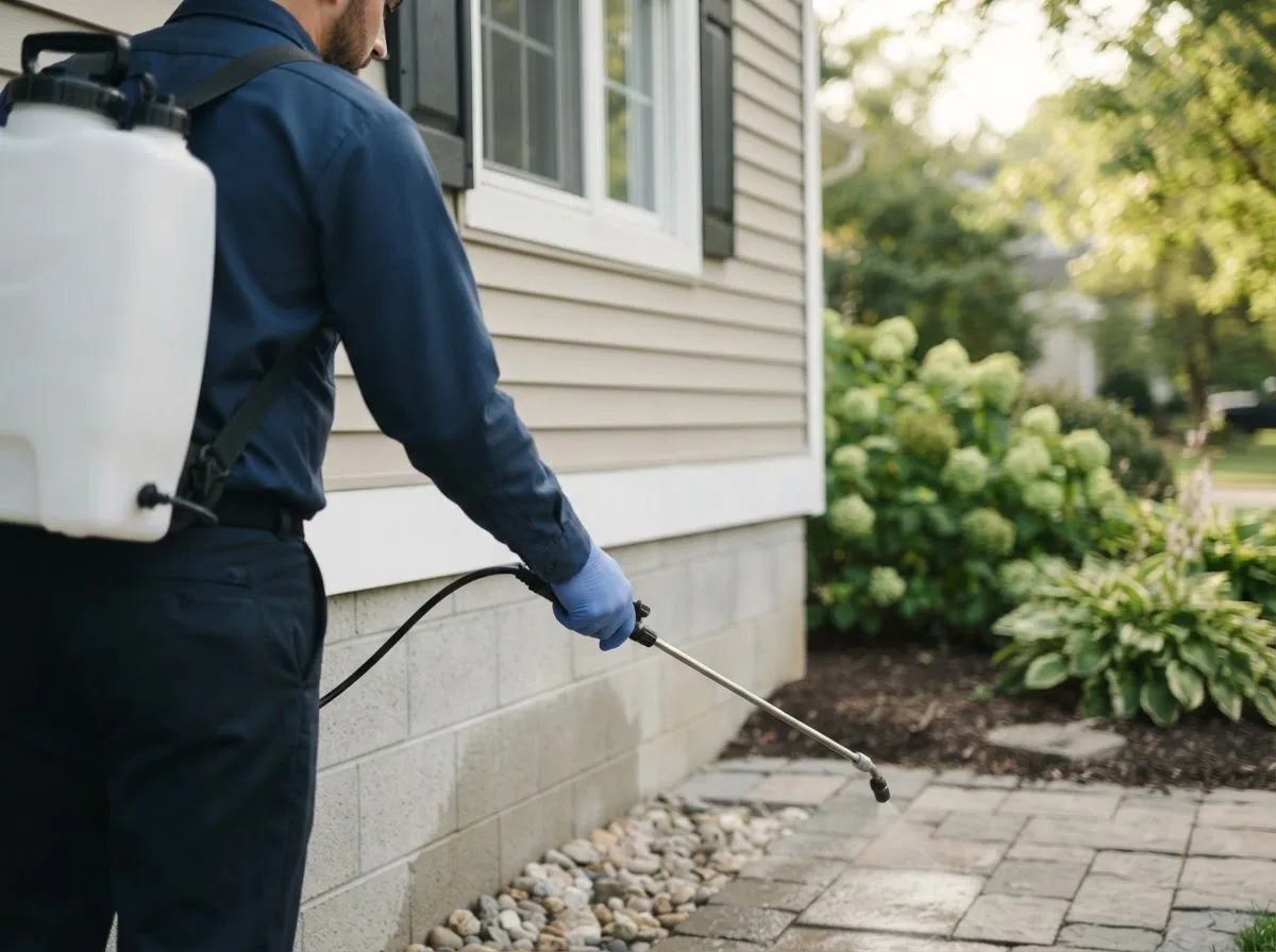 Pest control technician inspecting a home in Alcalde, NM